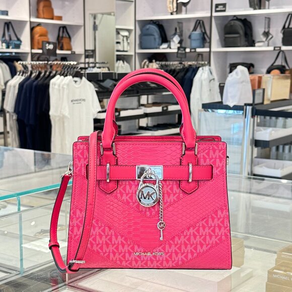 Michael Kors Hamilton Small Satchel Shoulder Bag MK Electric Pink Multi Exotic - Picture 2 of 15